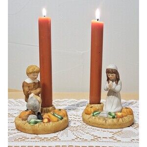 Pair of Vintage 1980's Brinn's Thanksgiving Boy Girl Pilgrims Candle Holders